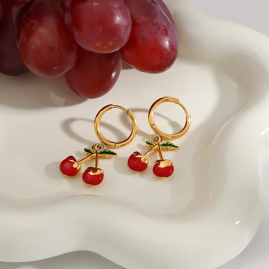 18K Gold Plated Cherry Hoop Earrings for Women – Waterproof Tarnish Free Stainless Steel Fruit Charm Jewellery