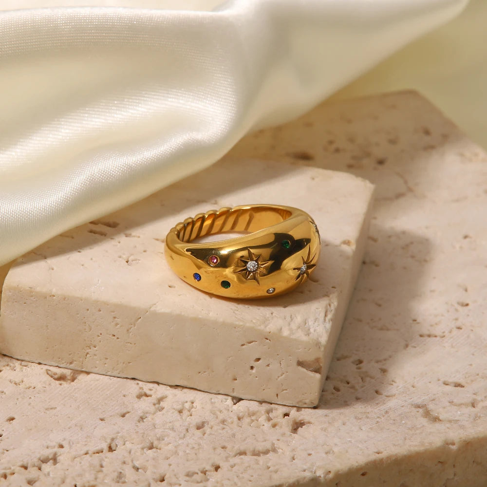 18K Gold Plated Celestial Star Dome Ring | Multicolour Crystal Starburst Ring | Waterproof Chunky Gold Band