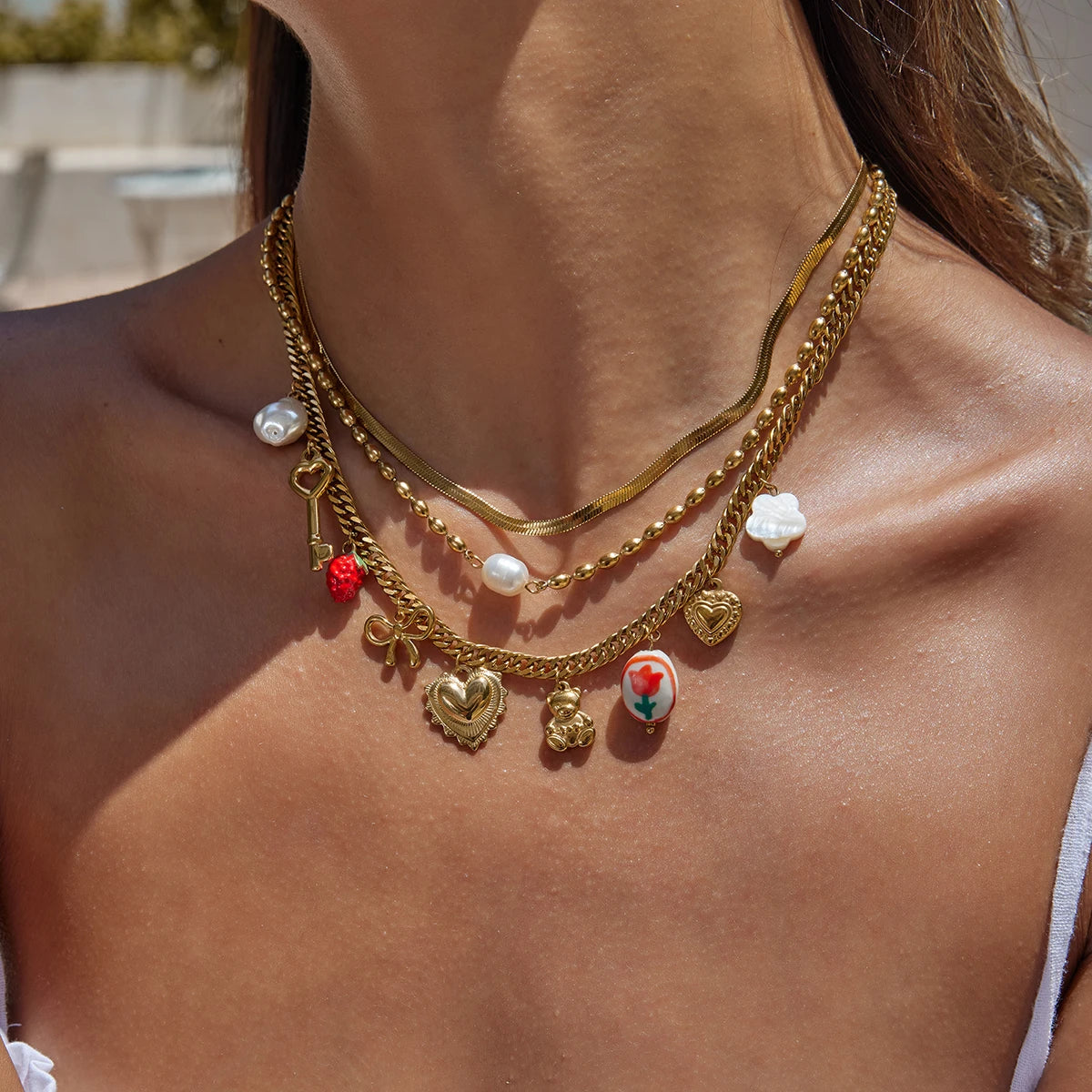 Goudkleurige Charmeketting voor Dames – Dikke Ketting met Hart-, Parel- & Teddybedel