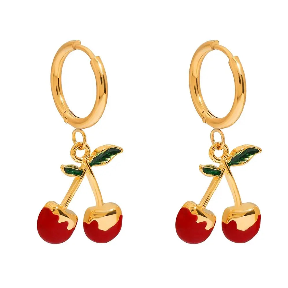 18K Gold Plated Cherry Hoop Earrings for Women – Waterproof Tarnish Free Stainless Steel Fruit Charm Jewellery