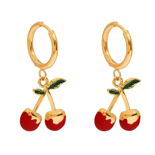 18K Gold Plated Cherry Hoop Earrings for Women – Waterproof Tarnish Free Stainless Steel Fruit Charm Jewellery