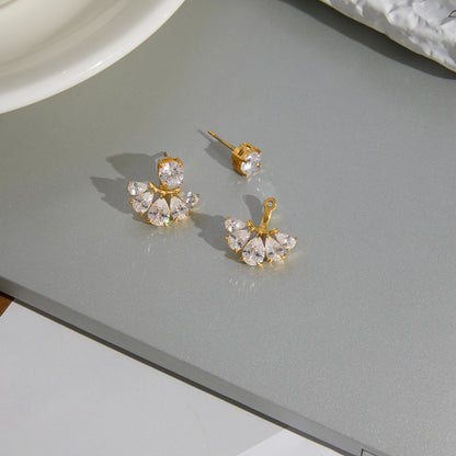 18K Vergulde CZ Ear Jacket Oorbellen | Waterdichte Ronde Stud met Peergeslepen Waaier Drop Jacket | Diamant Stijl Bruidsoorbellen