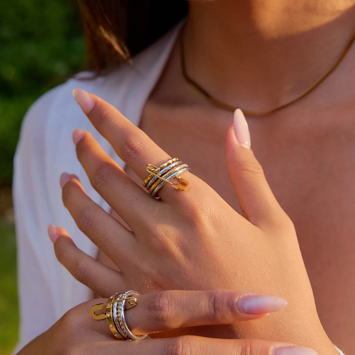 Edgy Safety Pin Stackable Ring Set | Mixed Metal Gold & Silver Tone Stainless Steel
