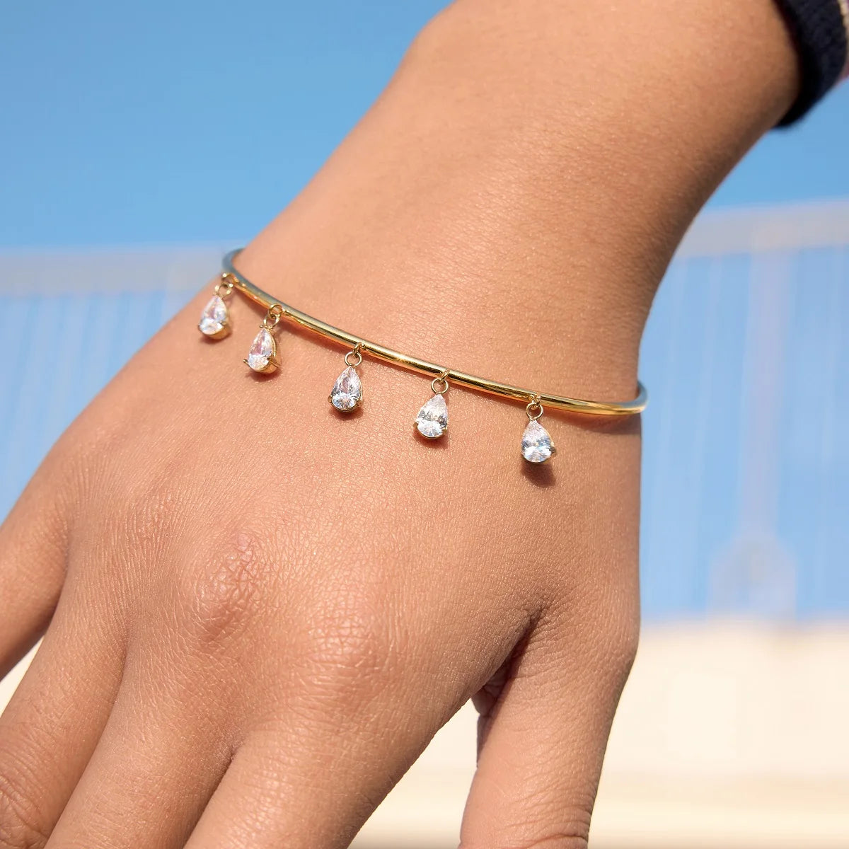 18K Gold Plated Open Cuff Bangle with Pear Cut CZ Drop Charms | Waterproof Five Stone Teardrop Charm Bangle | Diamond Style Bridal Cuff Bracelet