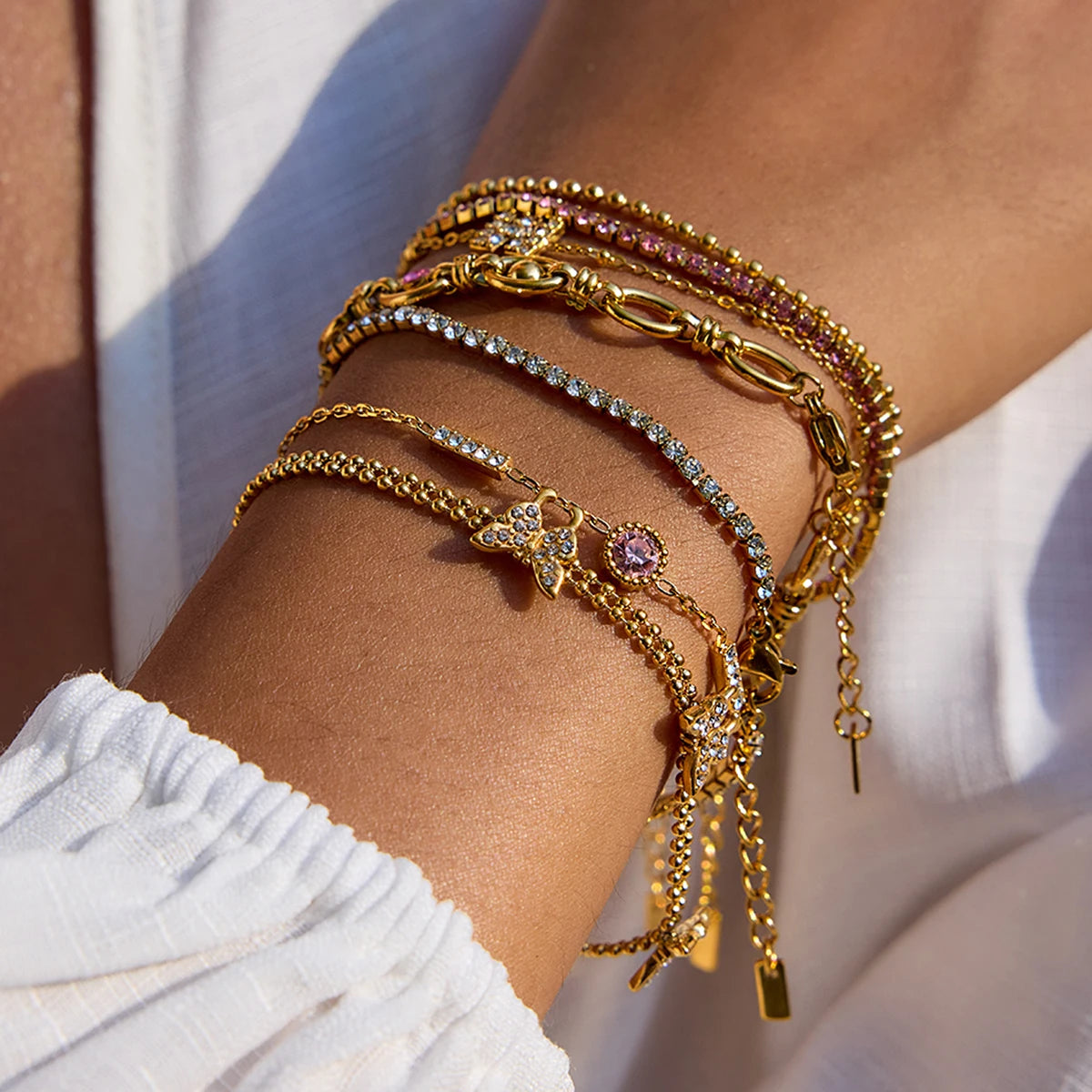 Gold Butterfly Crystal Bracelet for Women | Pink Stone Gold Plated Jewellery