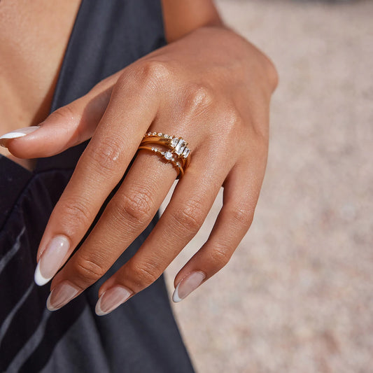 18K Vergulde Kristallen Ring Set – Waterdicht, Aanslagvrij Minimalistisch Statement Sieraad