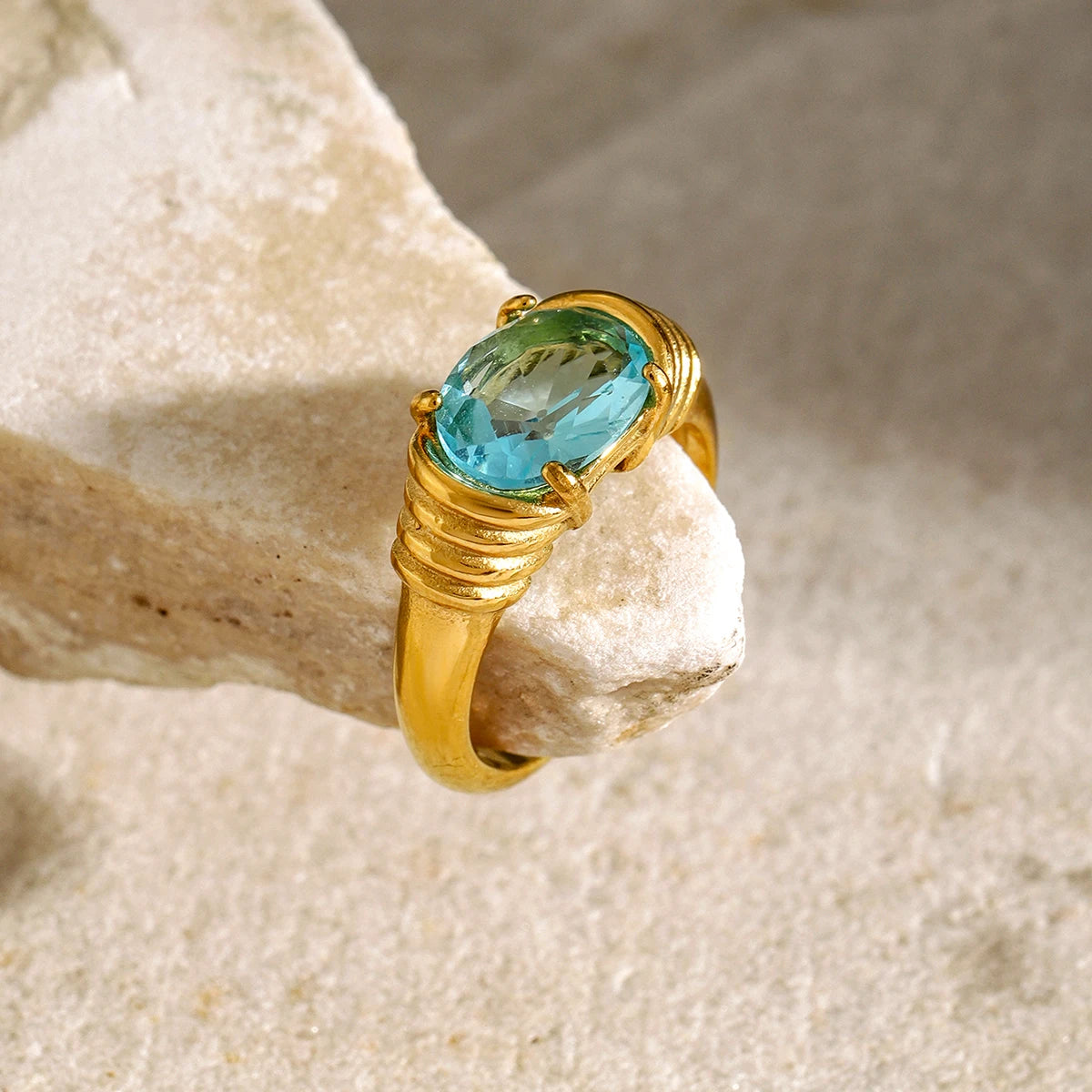 18K Gold Plated Oval Gemstone Ring – Waterproof, Tarnish-Free Statement Jewellery
