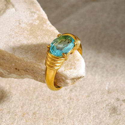 18K Gold Plated Oval Gemstone Ring – Waterproof, Tarnish-Free Statement Jewellery