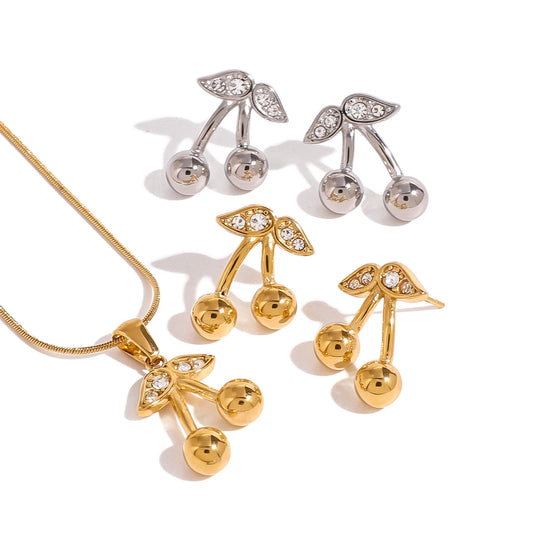18K vergulde kersenketting & oorbellen set – waterdichte & aanslagvrije sieraden voor dames