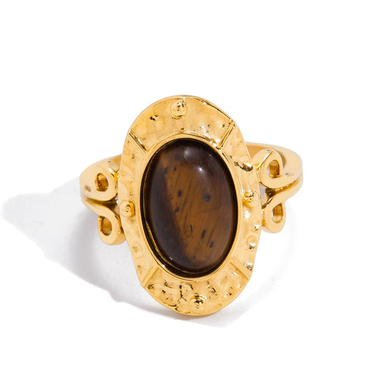 Vintage Gold Oval Gemstone Ring – Handcrafted Tiger’s Eye Inspired Statement Piece