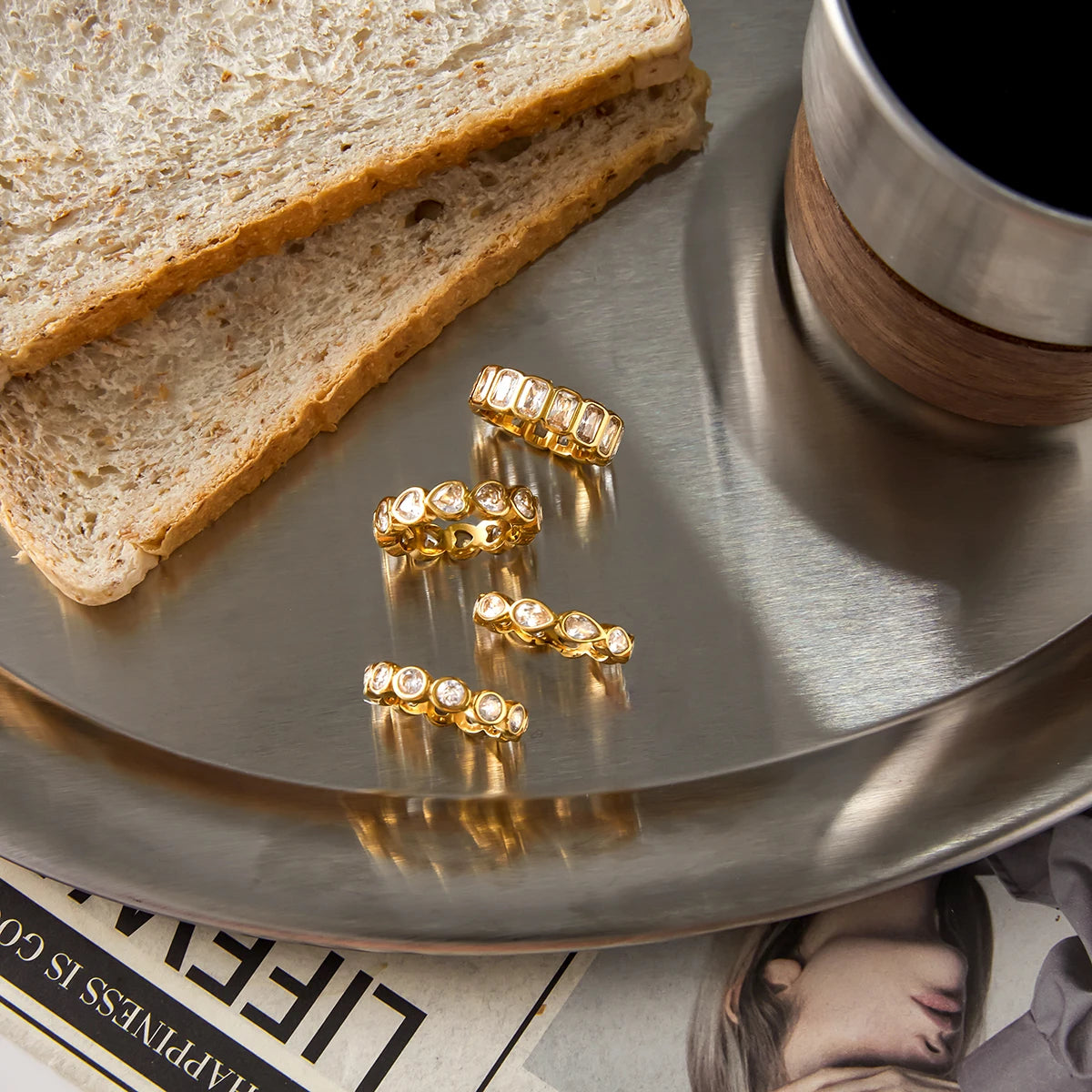 Luxury Gold Stacked Ring Set – Multi-Shape Crystal Bands (Heart, Round, Teardrop, Baguette)