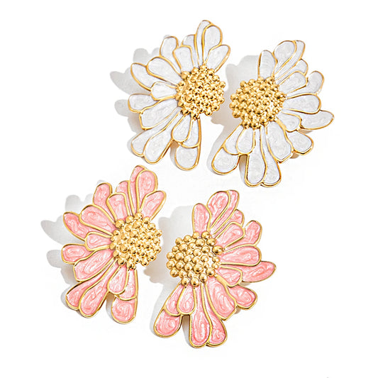 18K Gold Plated Floral Stud Earrings Set for Women – Waterproof Tarnish Free Stainless Steel Jewellery (Pink & White Variants)