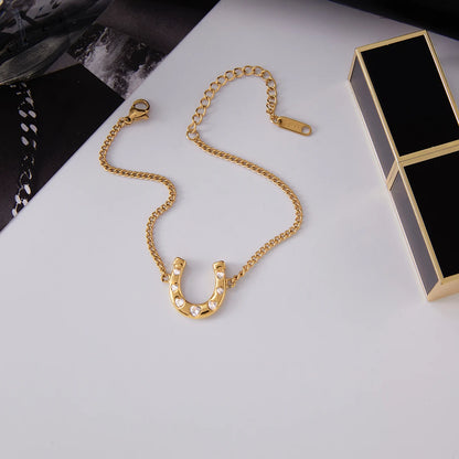 18K Gold Plated Lucky Horseshoe Bracelet with Heart CZ Stones | Waterproof Good Luck Charm Bracelet | Dainty Gold Curb Chain Bracelet