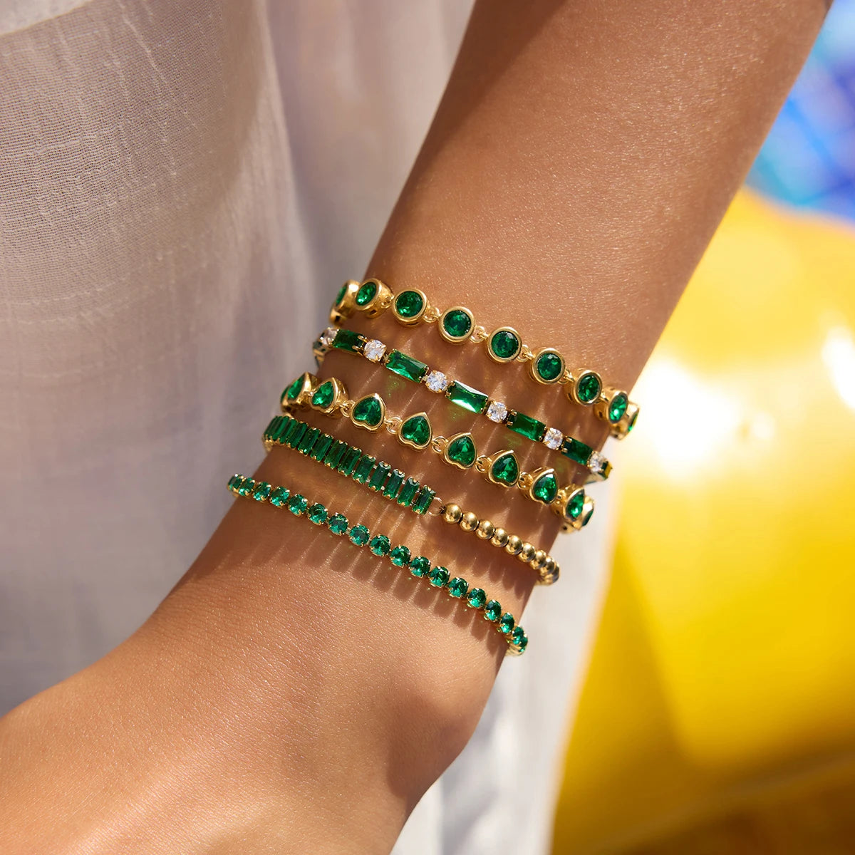 Gold Plated Emerald Green Bracelet Set for Women | Waterproof & Tarnish-Free Stackable Jewelry