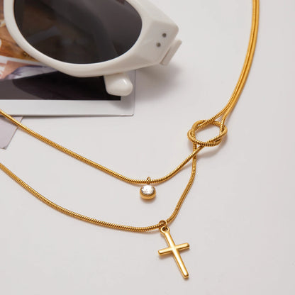 Gelaagde Gouden Kruisketting | Slangenketting Knoop & Solitaire Druppel
